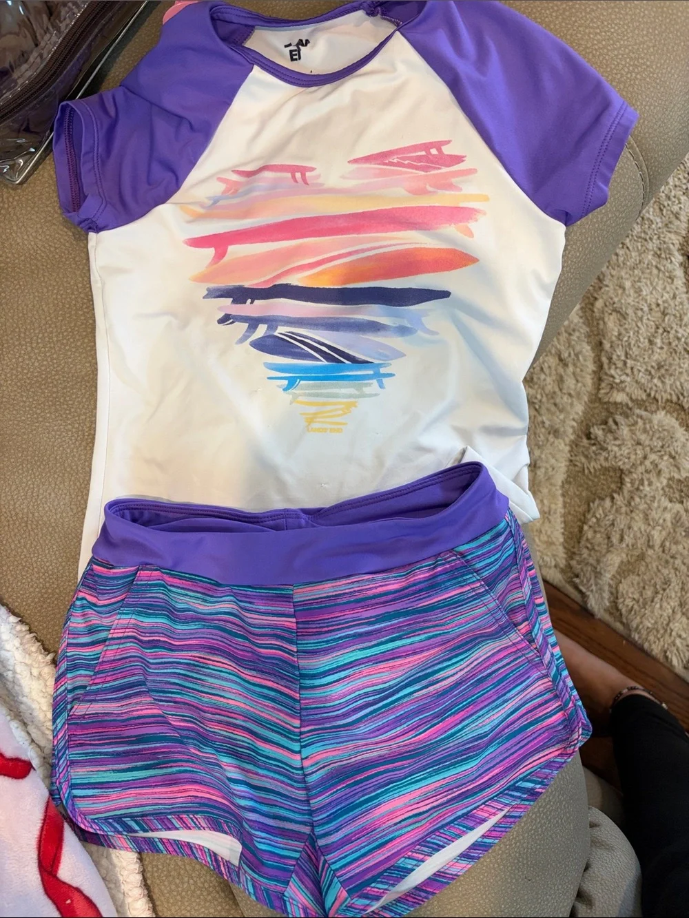 Lands' End Girls' Purple & White Short Sleeve Rashguard Set Size Small (6-7)